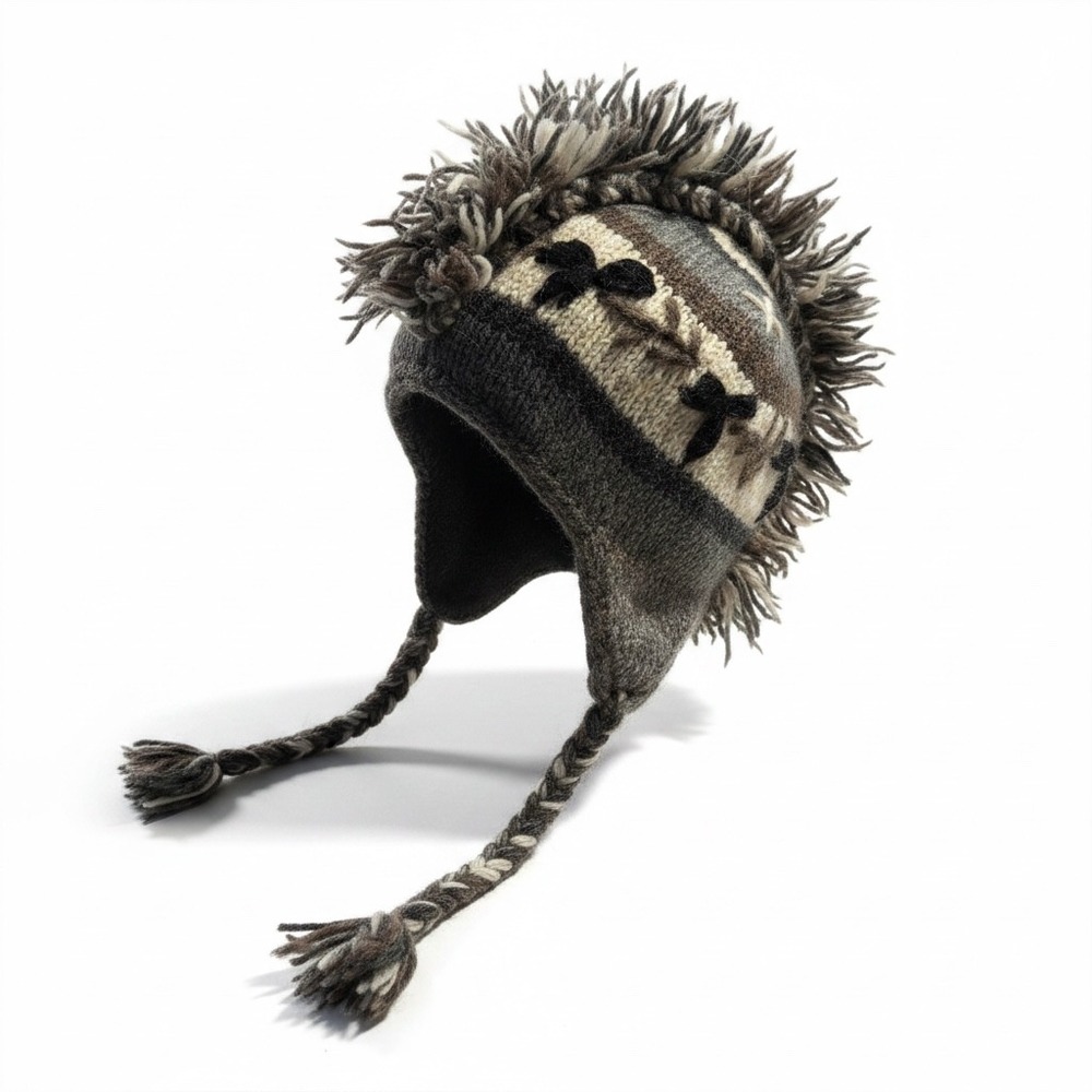 Grey Wool Blend Mohawk Chullo Beanie Fleece Lined Braided Ear Flap Hat